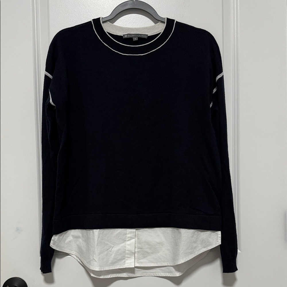 ELLIOTT LAUREN NAVY BLUE CREWNECK SWEATER W/ WHITE SHIRTING Size Small